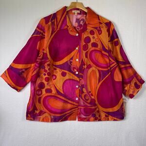 Choices Women Fuschia Magenta Blouse Button Up Artsy Summer Resortwear size 1X